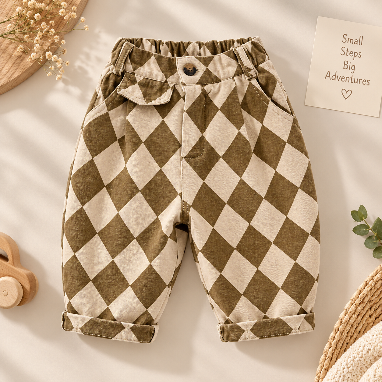 RetroBloom – Cómodos y divertidos: pantalones infantiles con estampado Argyle