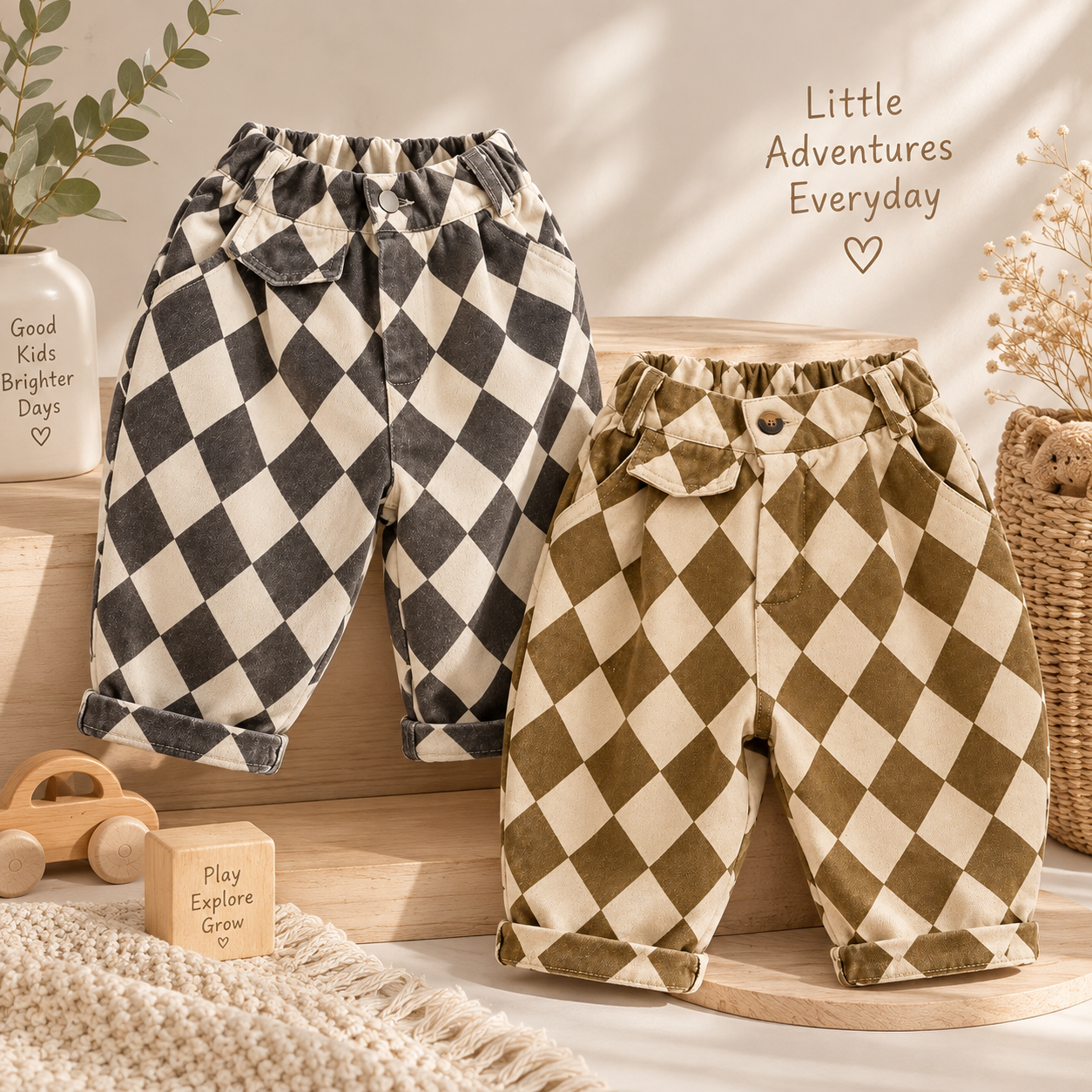 RetroBloom – Cómodos y divertidos: pantalones infantiles con estampado Argyle