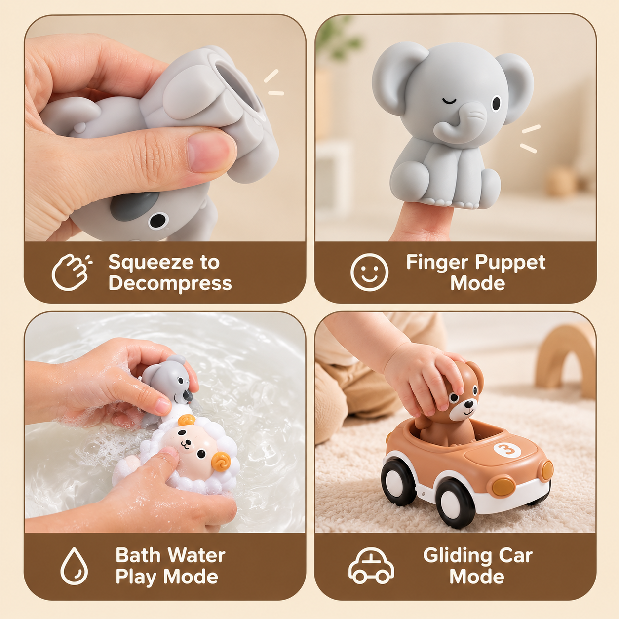 AnimalRide – Divertido y adorable – Coches de animales de silicona (3 unidades)