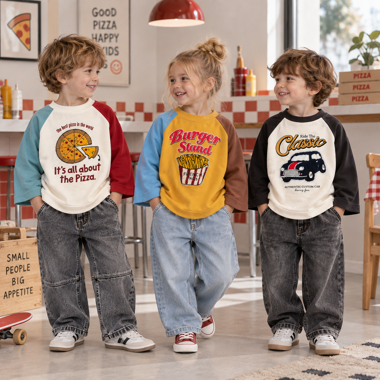 LittleRetro – Atrevido y moderno: camiseta de manga larga para niños con estampado gráfico