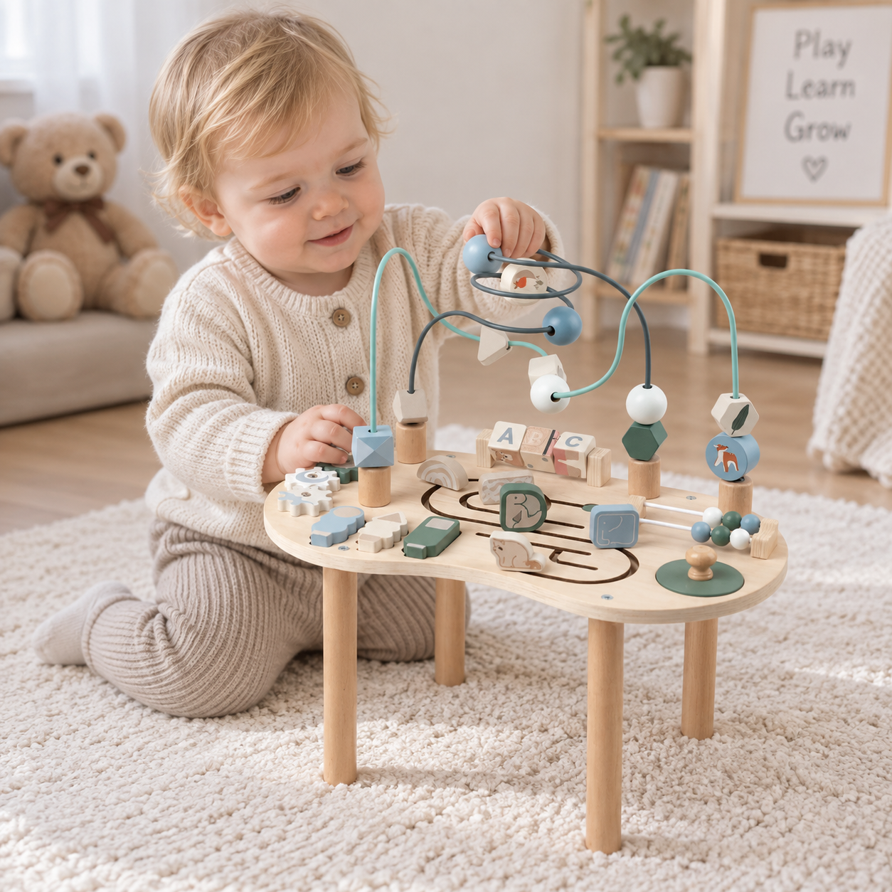WoodMaze – Divertido y educativo – Mesa de actividades de madera con laberinto de cuentas