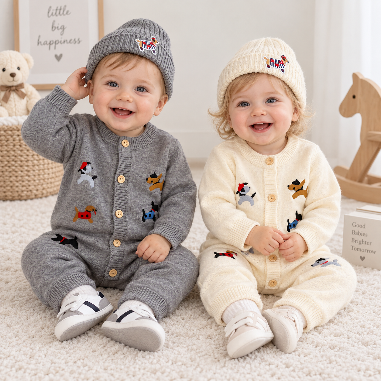 PlayfulKnit – Suave y adorable: mono de punto para bebé con estampado de perritos