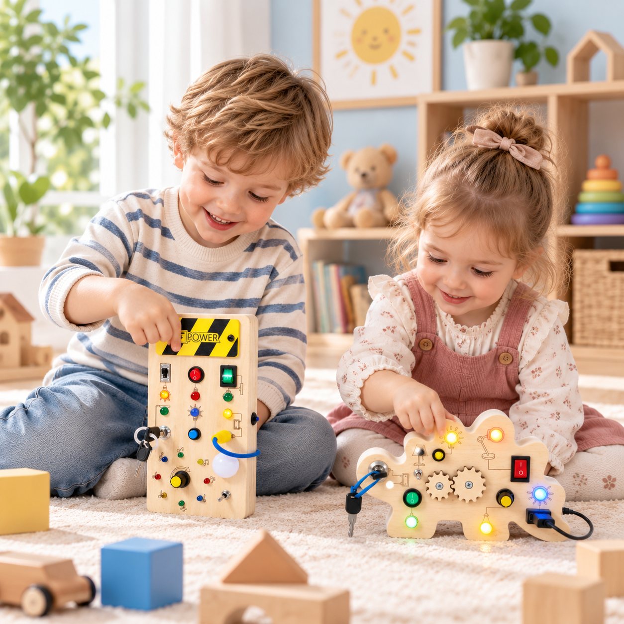 TinyTech – Tablero de actividades de madera con luces e interruptores – Juguete educativo