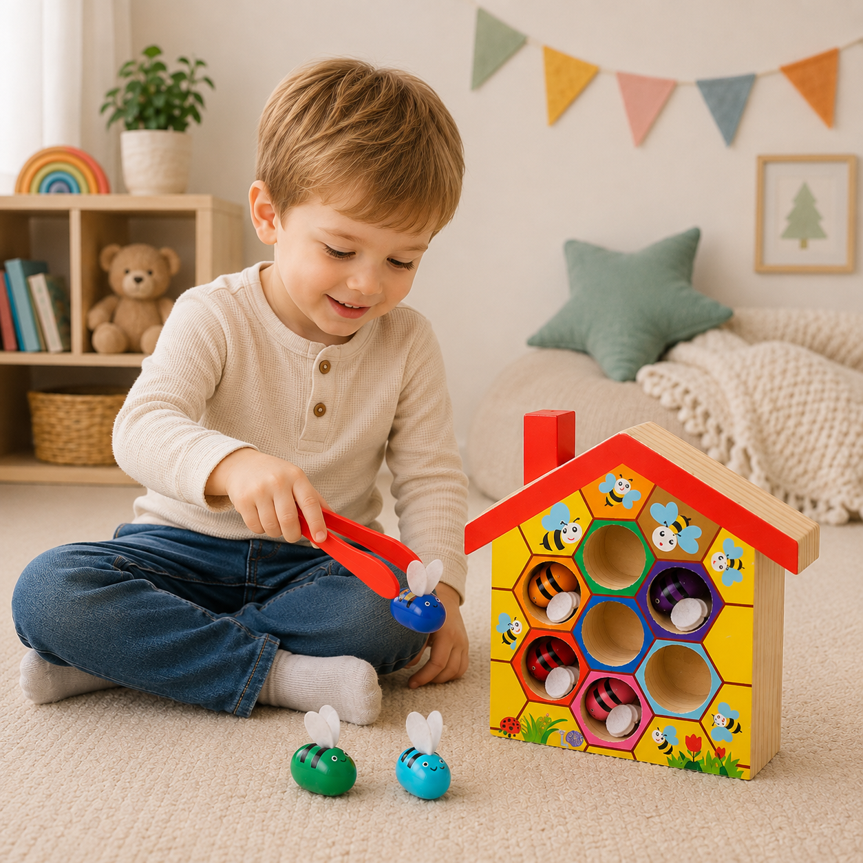 HoneyHive – Montessori & Educativo – Juego de clasificación de abejas de madera
