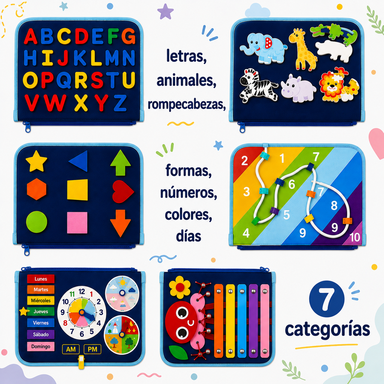 7-in-1 Busy Board – Motricidad y aprendizaje – Tablero de actividades