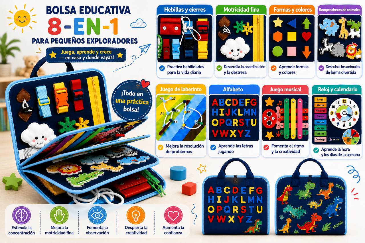 7-in-1 Busy Board – Motricidad y aprendizaje – Tablero de actividades