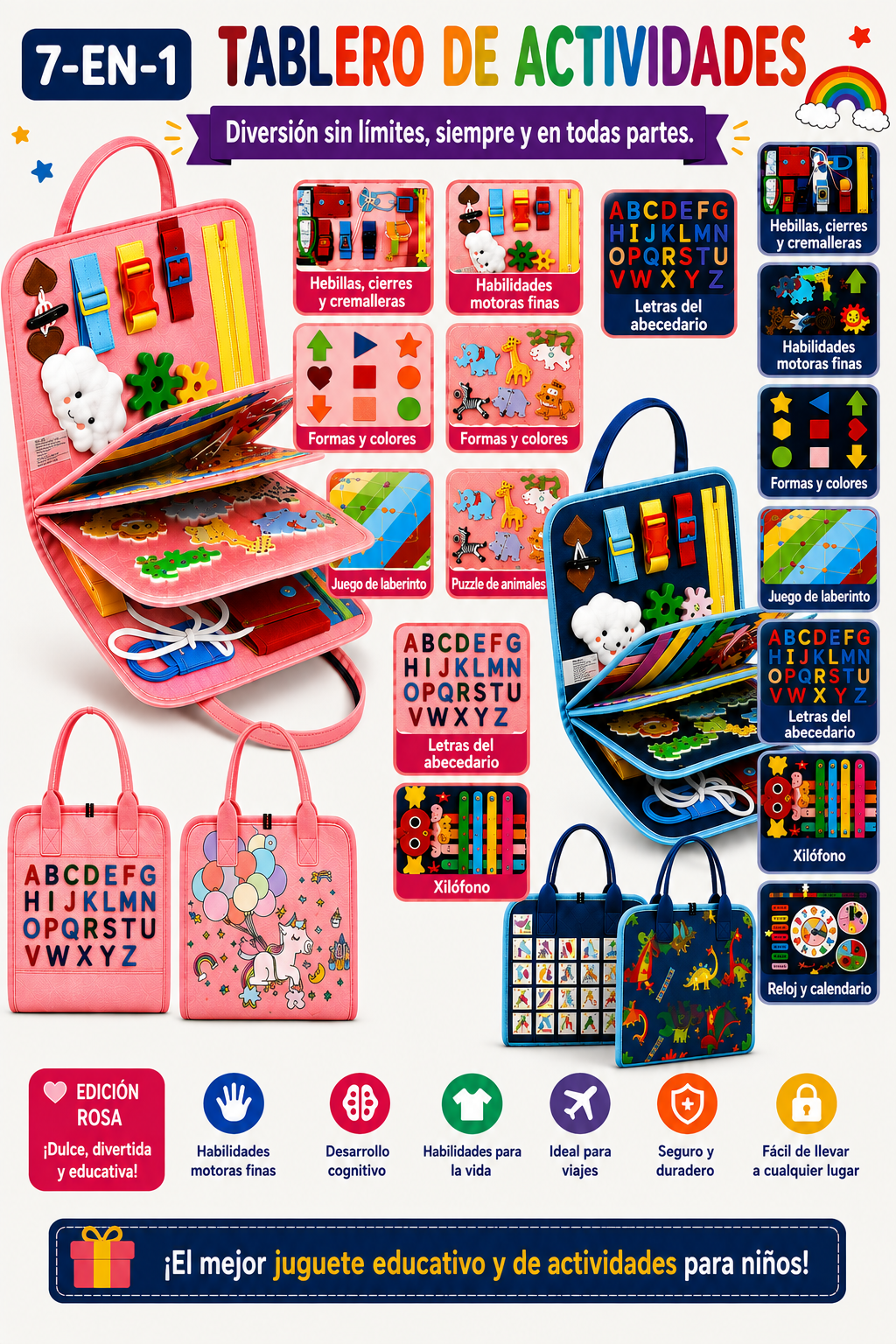 7-in-1 Busy Board – Motricidad y aprendizaje – Tablero de actividades