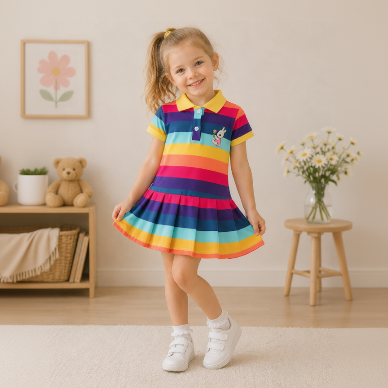 RainbowBabe – Fresco y colorido – Vestido polo para niña