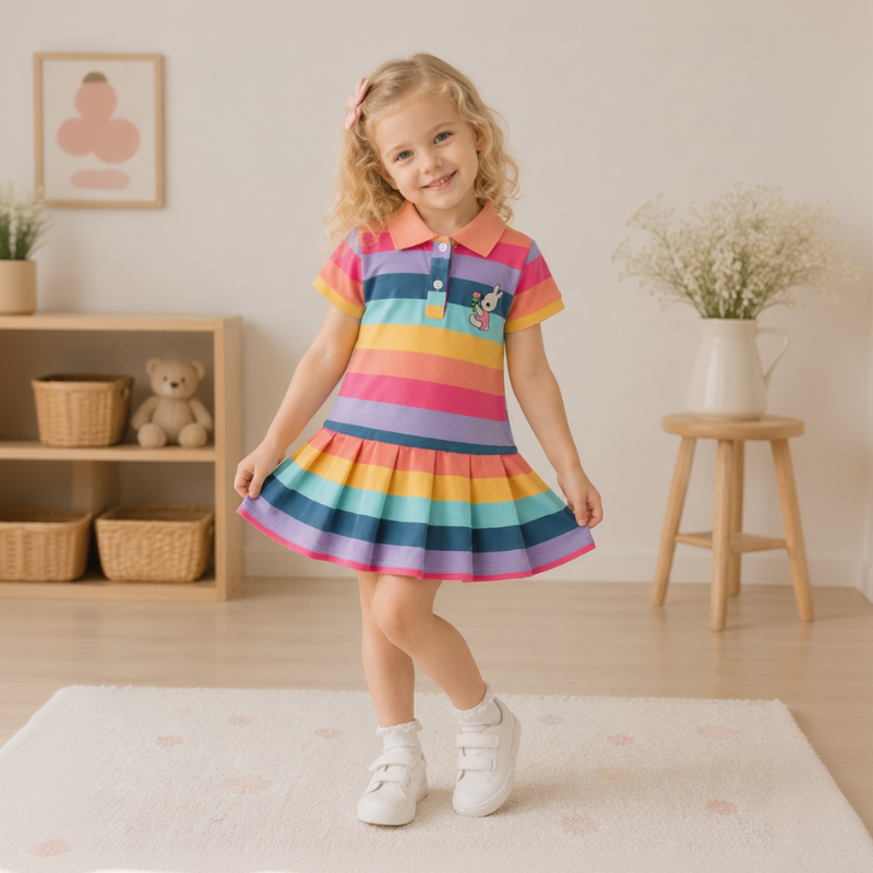 RainbowBabe – Fresco y colorido – Vestido polo para niña
