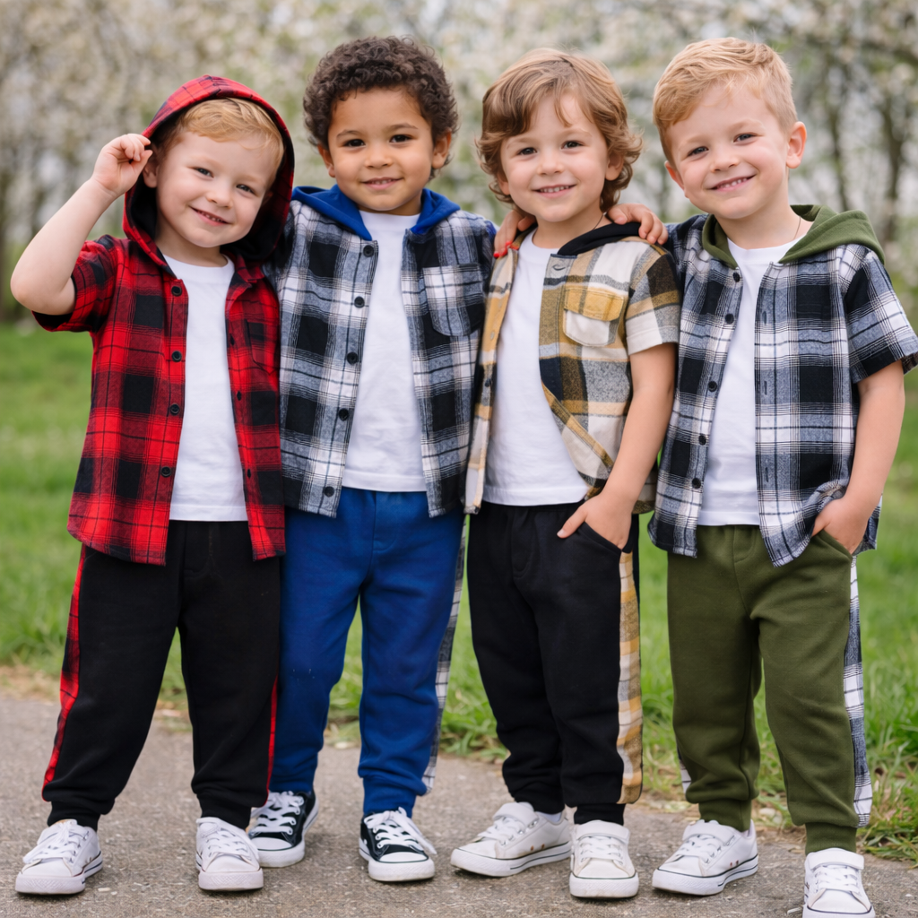 Boys Checkered Outfit – Moderno y cómodo: conjunto de ropa infantil a cuadros