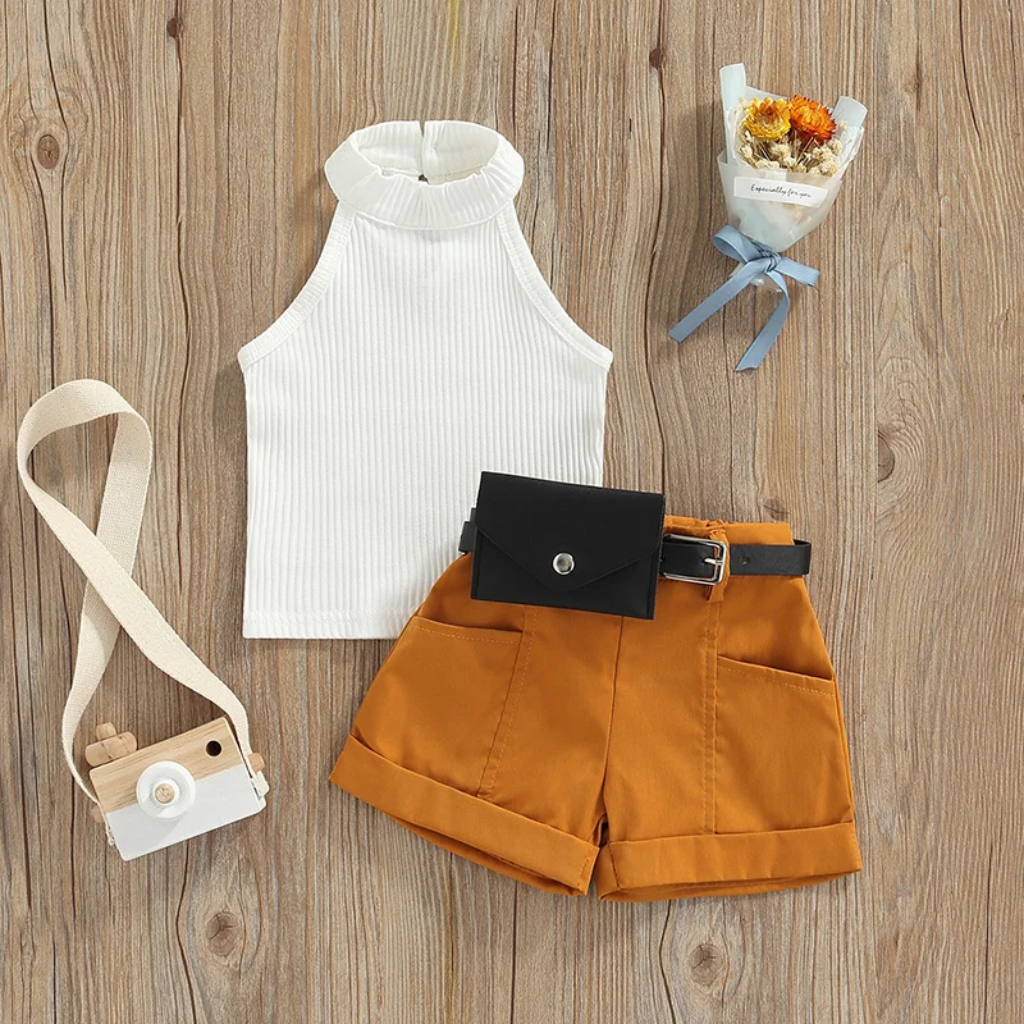 MiniFashionista – Elegancia y tendencias – Conjunto para niñas con camiseta, pantalones cortos y riñonera