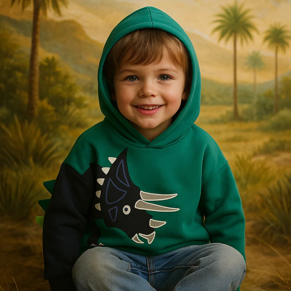DinoStyle – Cálida y transpirable: sudadera con capucha con estampado de Triceratops