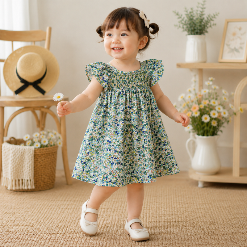 Floral Dress – Ligero y vaporoso – Vestido de manga ondulada para niña