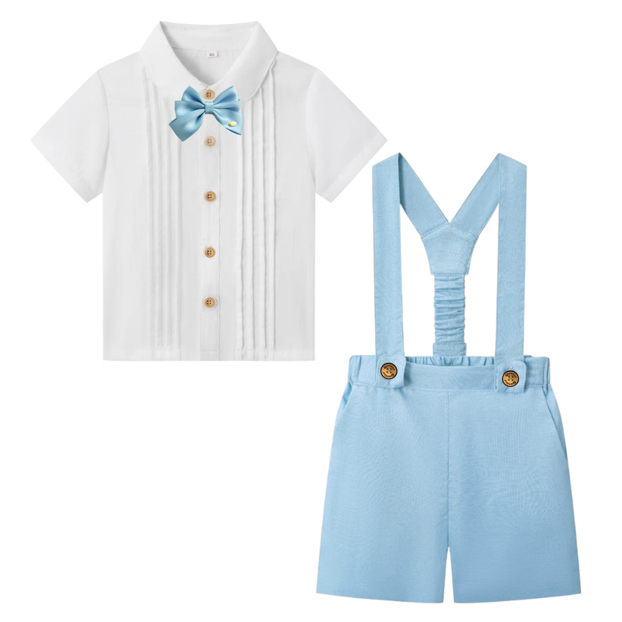 LittleDandy – Clásico y elegante – Pantalones cortos de algodón con tirantes, lazo y camisa