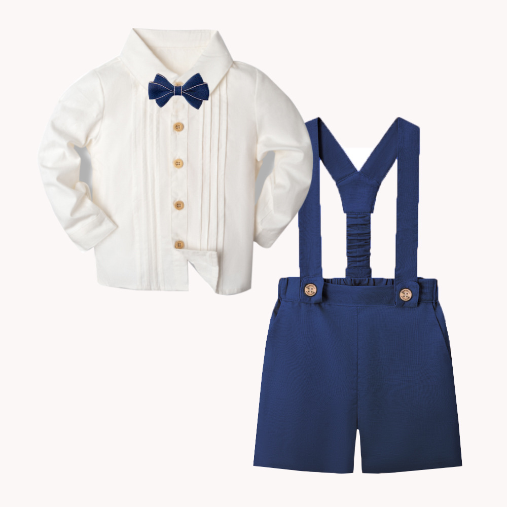 LittleDandy – Clásico y elegante – Pantalones cortos de algodón con tirantes, lazo y camisa