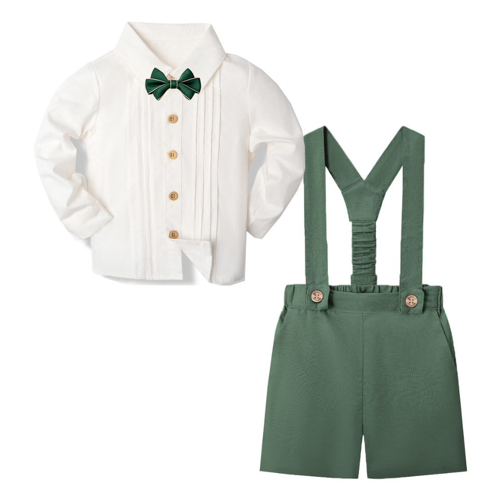 LittleDandy – Clásico y elegante – Pantalones cortos de algodón con tirantes, lazo y camisa