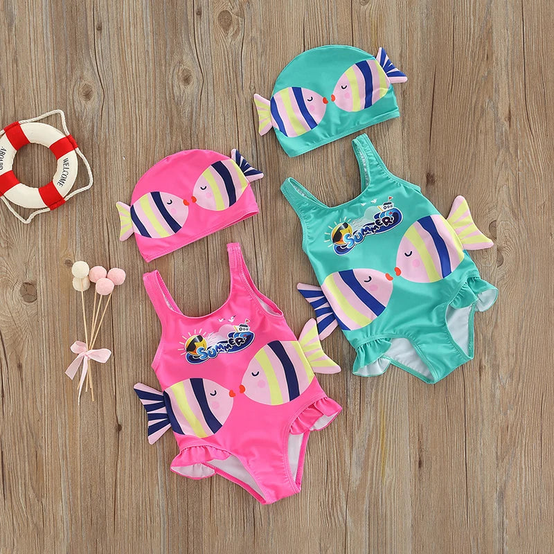 Mini Fashion™ - Fun Fish Print - Traje de baño de peces con gorro