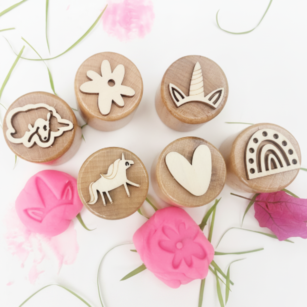 WoodStamp – Montessori y creatividad – 6 sellos de madera para plastilina