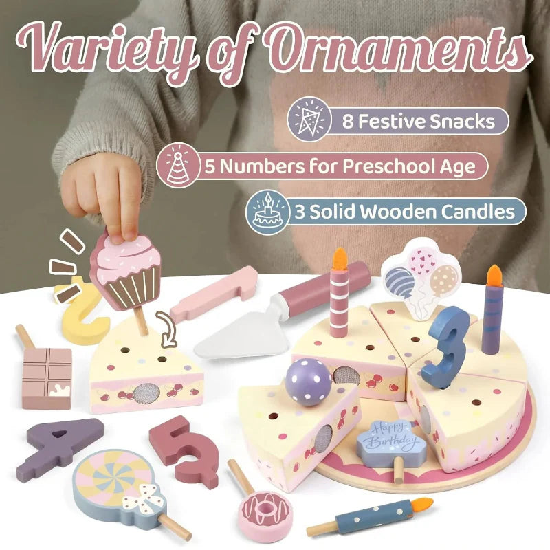Wooden Cake Cutting Toy – Creatividad y juegos de rol – Tarta de cumpleaños de madera