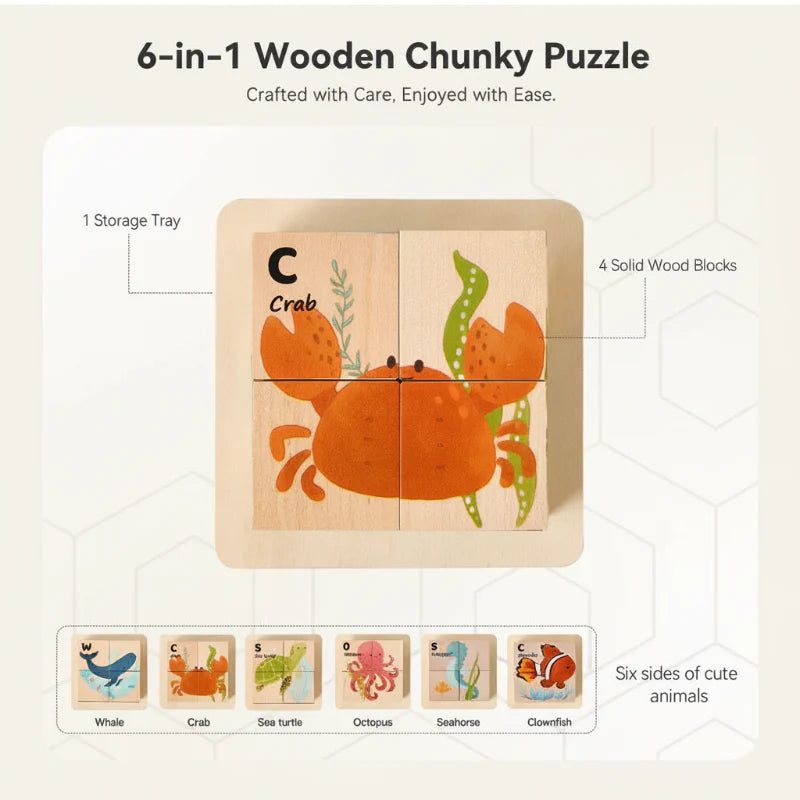 WoodMind – Creativo y educativo: rompecabezas de madera con animales Montessori 6 en 1