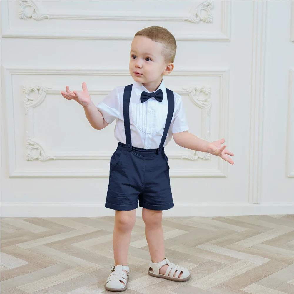 LittleDandy – Clásico y elegante – Pantalones cortos de algodón con tirantes, lazo y camisa