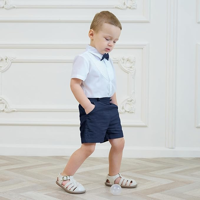 LittleDandy – Clásico y elegante – Pantalones cortos de algodón con tirantes, lazo y camisa