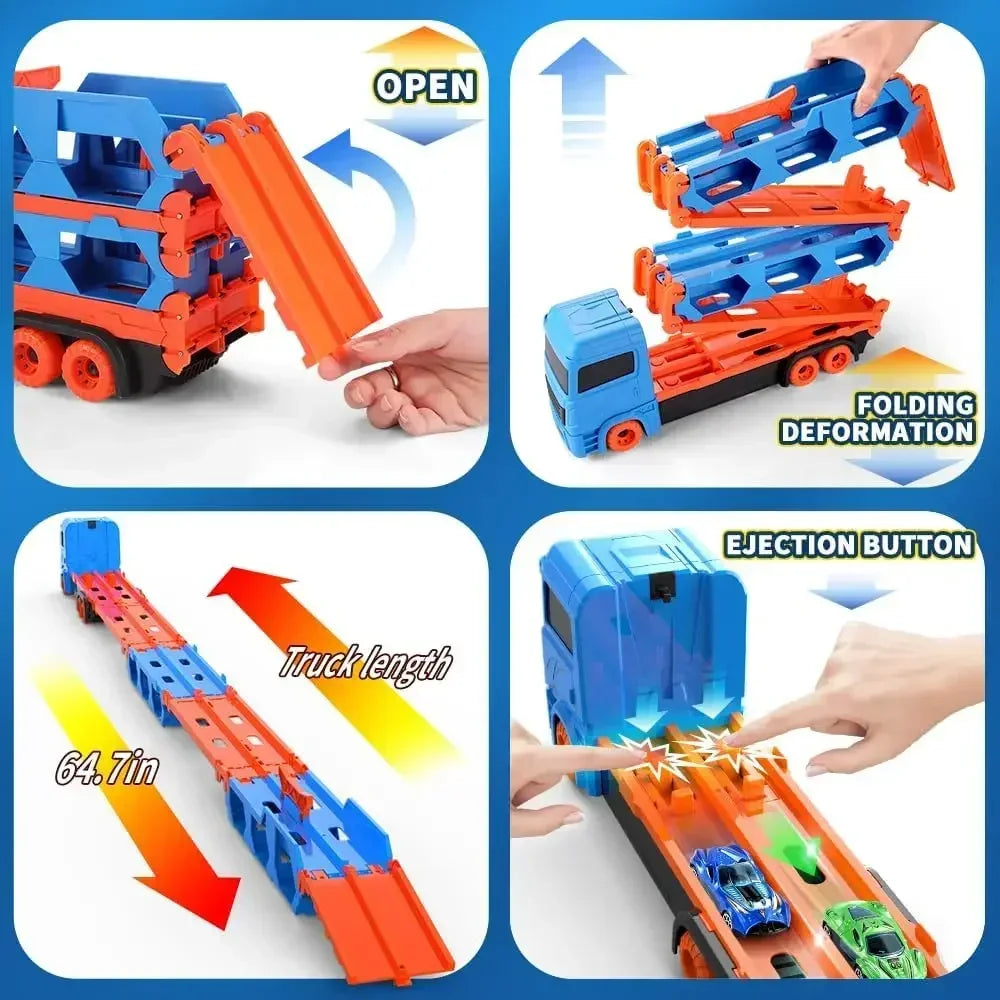 Mega Transporter - Diversión de carreras 9 en 1 - Camión de juguete transformable