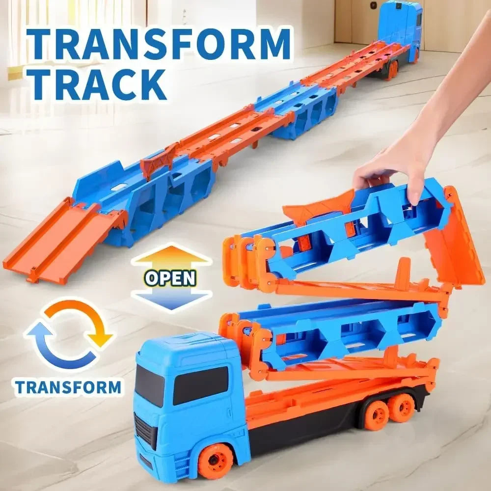 Mega Transporter - Diversión de carreras 9 en 1 - Camión de juguete transformable