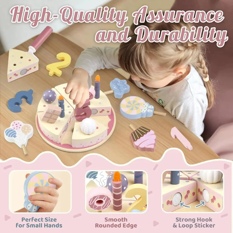 Wooden Cake Cutting Toy – Creatividad y juegos de rol – Tarta de cumpleaños de madera