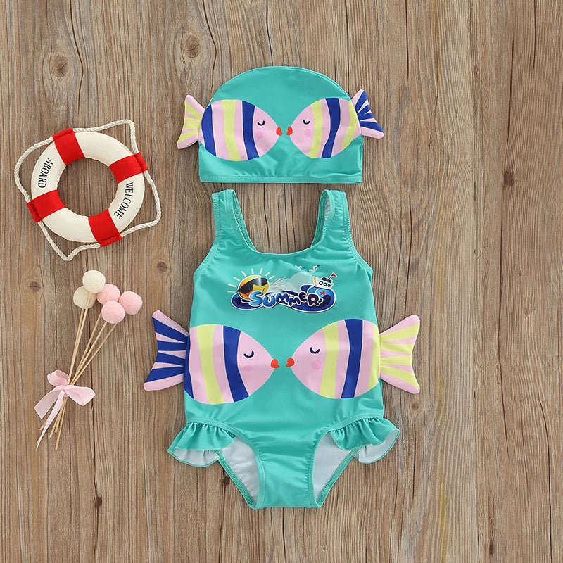 Mini Fashion™ - Fun Fish Print - Traje de baño de peces con gorro