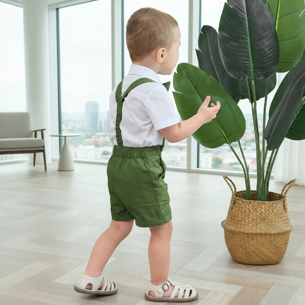 LittleDandy – Clásico y elegante – Pantalones cortos de algodón con tirantes, lazo y camisa